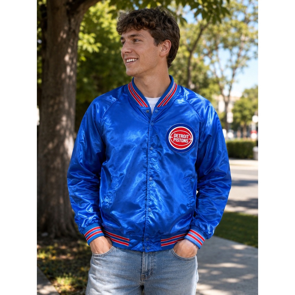 Vintage Chalk Line Mens Size LT Detroit Pistons Satin Snap Jacket Blue Spell Out